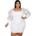 White party Dresses Women Lady Elegant Casual Long Sleeve Plus Size puff sleves Women New Dress for Women